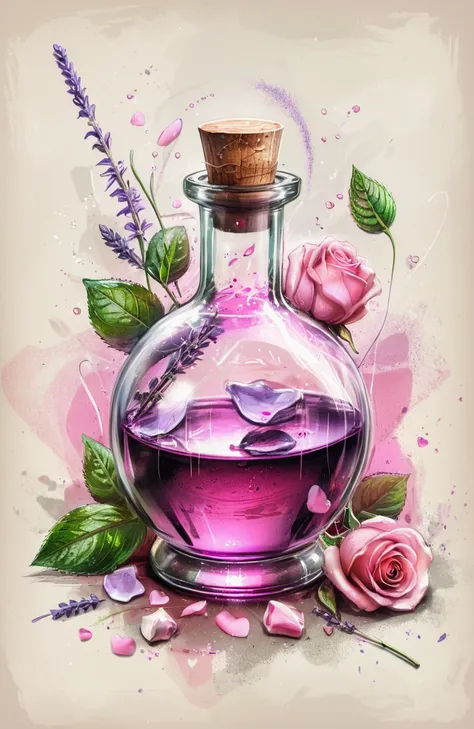 recipe of a "Love Potion" made with ingredients including: (Rose petals, Peppermint, Lavender oil, Jasmine oil, Pearl Fairy Dust), rough color sketch style, concept design, rough sketch, color sketch, <lora:rough color sketch style:0.7>