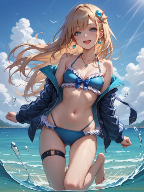 score_9, score_8_up, score_7_up,BREAK
 long hair, looking at viewer, smile, open mouth, hair ornament, bare shoulders, jewelry, jacket, swimsuit, :d, bikini, frills, sky, barefoot, day, water, thigh strap, blue bikini, frilled bikini,