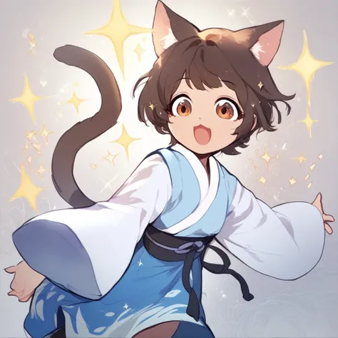 score_9, score_8_up, score_7_up, score_6_up, Hwa-Somi, Chronicles-of-The-Martial-Gods-Return, 1girl, smile, open mouth, short hair, skirt, brown hair, black hair, long sleeves, animal ears, brown eyes, tail, korean clothes, cat ears, wide sleeves, cat tail...