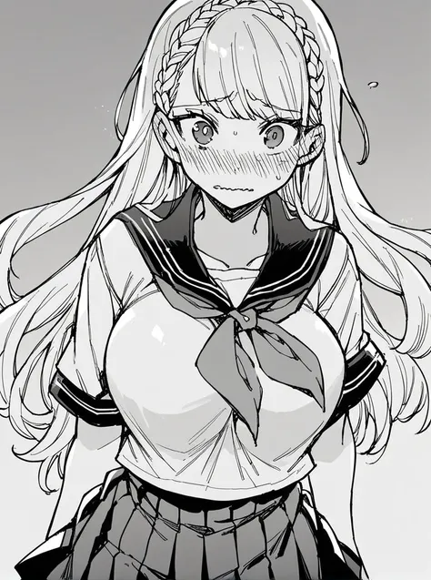 score_9, score_8_up, score_7_up, 
1girl, monochrome, white hair, long hair, french braid, large breasts, serafuku, short sleeves, pleated skirt, wide-eyed, blush, looking at viewer, wavy mouth, 