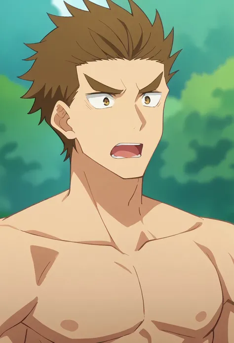 score_9, score_8_up, score_7_up, source_anime, rating_safe, Dragofuri, 1boy, male focus, anime screencap, wide eyed, open mouth, shock, collarbone, topless,