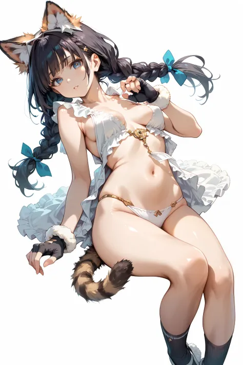 belly chain score_9,score_8_up,score_7_up,kk_sexydress_set24,1girl,solo,breasts,animal ears,fingerless gloves,tail,navel,cat ears,twin braids,socks,underwear,panties,(simple background,white background),<lora:kk_sexydress_set24:0.8>,