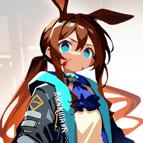 1girl, animal ears, amiya (arknights), solo, blue eyes, rabbit ears, long hair, holding, looking at viewer, blood, weapon, blue ascot, upper body, holding weapon, brown hair, ascot, hair between eyes, sword, holding sword, jacket, blood on face, closed mou...