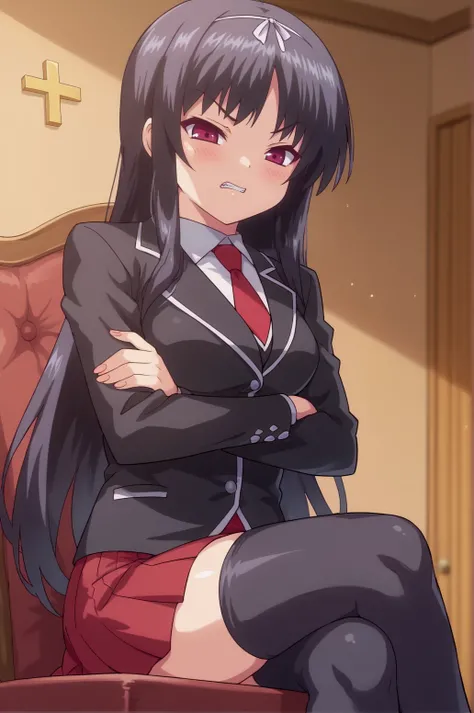 score_9, score_8_up, score_7_up,anime_source, source_anime, best background, detailed background,   Michika, 1girl, blazer, long sleeves, necktie, naughty face, red skirt, black thighhighs , tsundere, cross arms, sit, cross legs, chair,  indoors,   <lora:J...