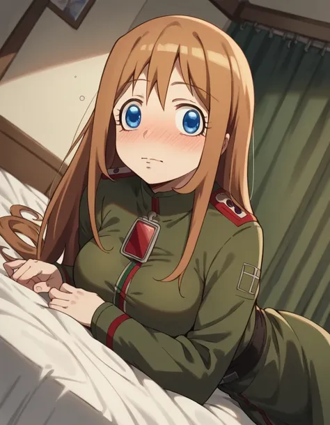 score_9, score_8_up, score_7_up, source_anime, <lora:viktoria-ivanovna-serebryakov-anime-ponyxl-lora-nochekaiser:1>, viktoria ivanovna serebryakov, long hair, blue eyes, brown hair, large breasts,, uniform, military, military uniform,, indoors, bed, bed ro...