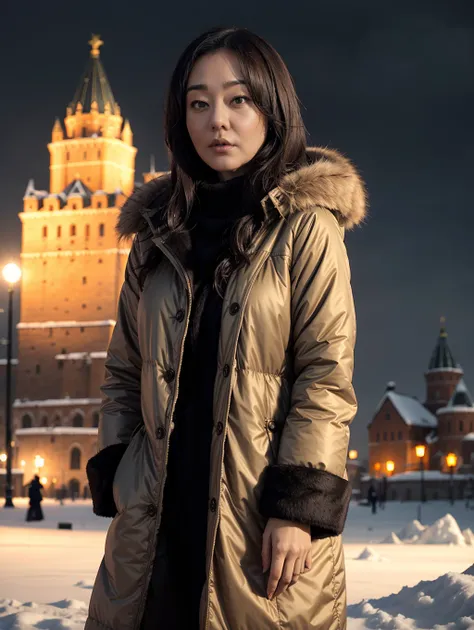 Yunjin8, a woman wearing full winter outfit and brown pants and a fur coat, in front of the kremlin, with a severe look, looking at viewer, snowstorm, evening, low light