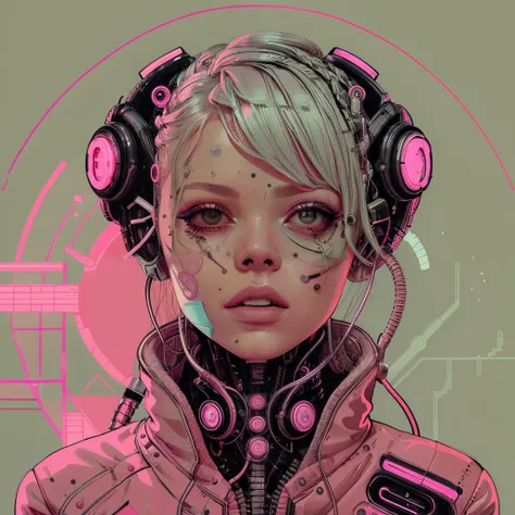 portrait of a woman in a minimalistic atompunk style, An illustration of a person with a futuristic look on their face.  The person is wearing a pink suit with a pink circle on the front of the jacket.  There are wires coming out of the back of the persons...