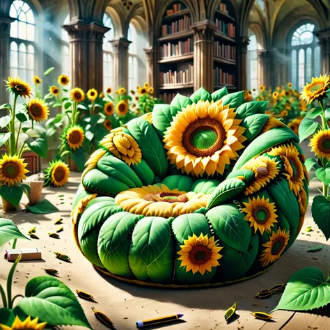 a beanbag chair made of sunflowers in an abandoned library, (depth of field:1.19), detailed background, masterpiece, digital photograph, DSLR, ludicrously detailed
<lora:sunflowers-000011:1>