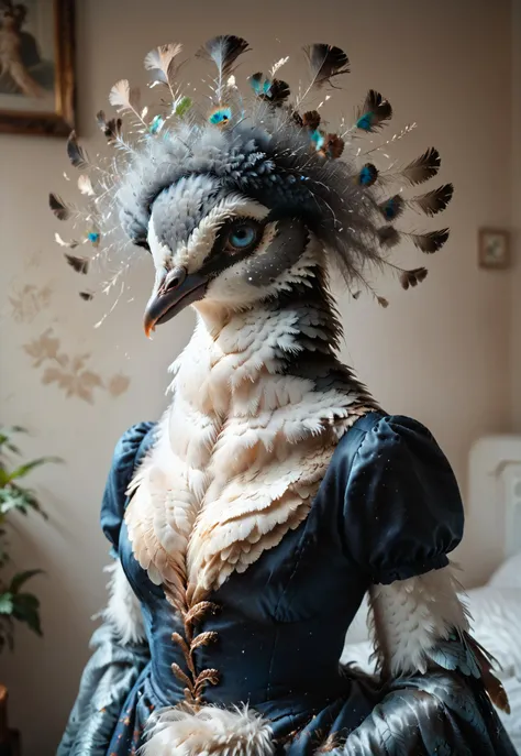 araffe wearing a blue dress and feathered headpiece in a bedroom