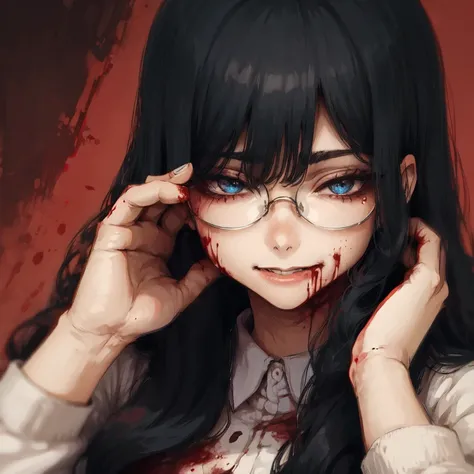 <lora:hoshi3-09:1> 1girl, black hair, (blood:1.2), glasses, long hair, bags under eyes, solo, smile,simple background, bloody background, red background