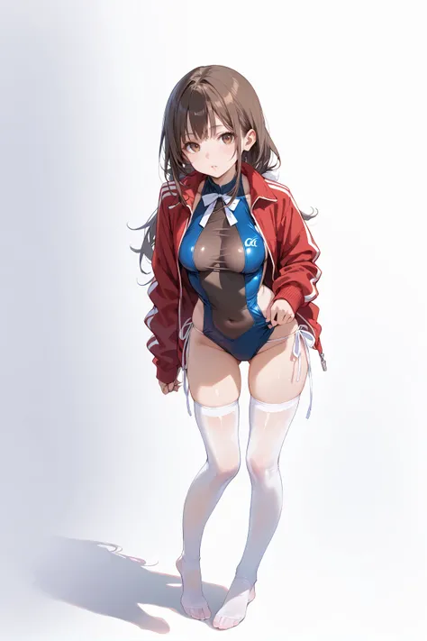 score_9,score_8_up,score_7_up,<lora:kk_sexydress_set26:0.6>,kk_sexydress_set26,1girl,solo,thighhighs,jacket,medium breasts,no shoes,white thighhighs,brown hair,long hair,red jacket,full body,swimsuit,brown eyes,one-piece swimsuit,swimsuit under clothes,see...