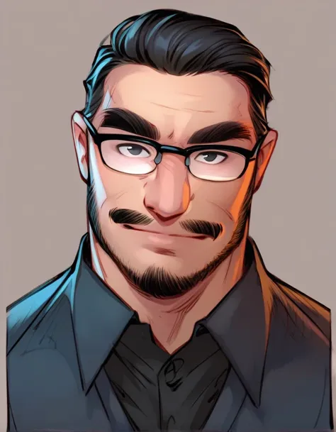 score_9, score_8_up, score_7_up, 1boy, cowboy shot, solo, simple bg,

looking at viewer, smile, short hair, black hair, closed mouth, glasses, collared shirt, indoors, black eyes, black shirt, facial hair, thick eyebrows, beard, mustache, sideburns, black-...