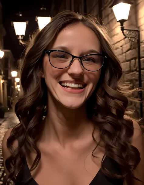 R3353W, In a noir-inspired scene, a captivating woman with long, wavy brown hair cascading down her shoulders and framed by black-rimmed glasses that accentuate her bright smile, flashes a radiant grin, revealing perfectly white teeth. Her pose is thoughtf...