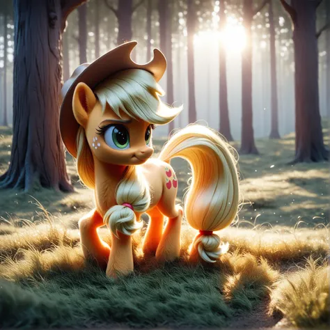 score_8, score_7_up, source_pony, 3d, by bing3d, applejack, cowboy hat, sunlight, grass, trees, my little pony, friendship is magic, detailed hair, detailed fur, backlighting<lora:bing3d-v3b-e8:1>