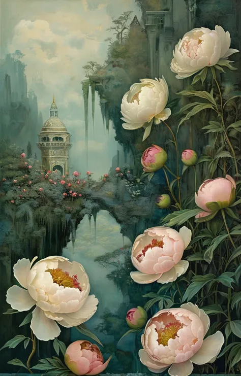 masterpiece,best quality,<lora:tbh357-sdxl:0.6>,illustration,style of Daniel Merriam decaying peonies