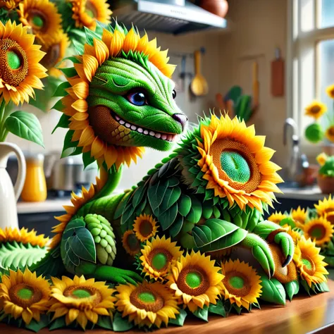 a pride made of sunflowers in a kitchen, depth of field, detailed background, (masterpiece:1.27), digital photograph, DSLR, ludicrously detailed, exultant
<lora:sunflowers-000011:1>