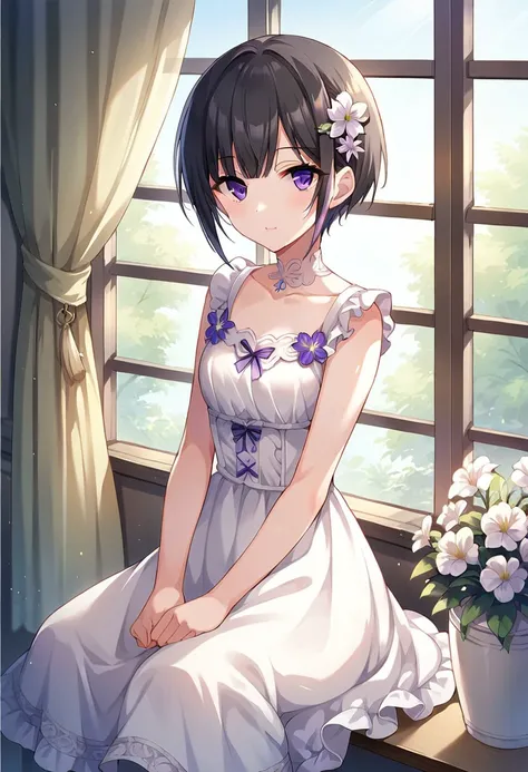 score_9, score_8_up, score_7_up, source_anime, shirayuki chiyo, black hair, purple eyes, short hair, 1girl, solo, flower, dress, window, white dress, hair ornament, looking at viewer, sitting, curtains