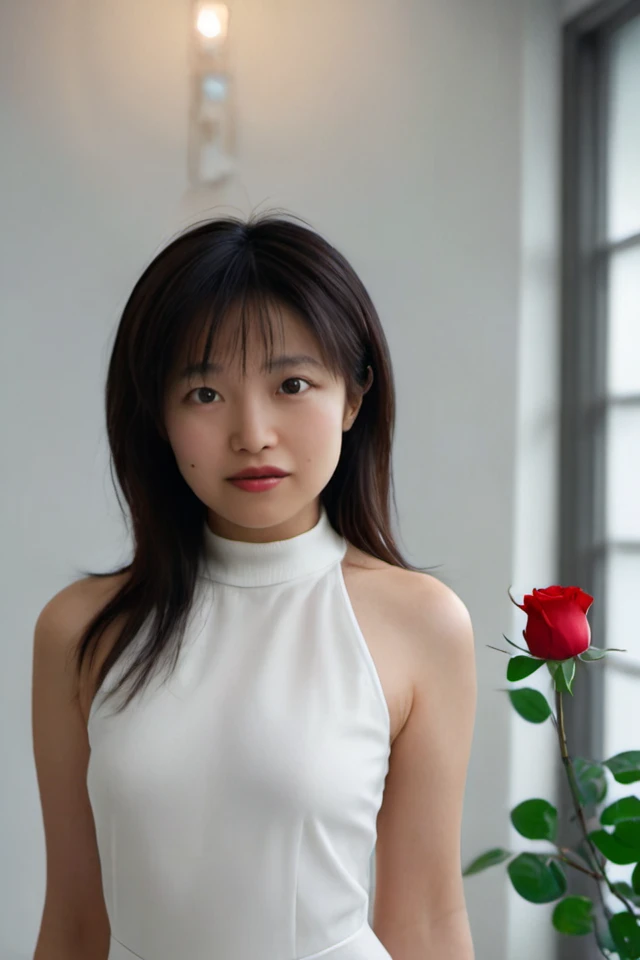 realistic photo of a woman, 
<lora:shihoActualJapaneseXL009:0.9> shiho, 
 Glossy magazine cover, woman with a shaved head, wearing a minimalist white jumpsuit, standing in a stark white room, one hand on her hip, the other holding a single red rose, enigma...