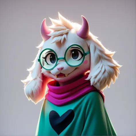 <lora:bing3d-v3b-e8:1>score_9, score_8_up, source_furry, 3d, by bing3d, ralsei, deltarune, white fur, fluffy fur, pink horns, black eyes, glasses, backlighting, white background, simple background, cinematic production render, fangs