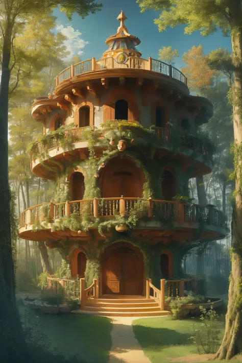 masterpiece,best quality,<lora:tbh314-:0.8>,illustration,designed by Andrea Palladio Whimsical treehouse complex in a lush forest, channeling the spirit of Antoni Gaudí