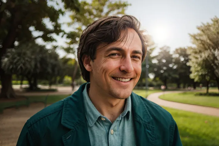 high quality close up dslr snapshot of a happy man walking through a park, high definition film grain photo taken at f/16, ISO 100, with a 200mm lens, global illumination, fibonacci