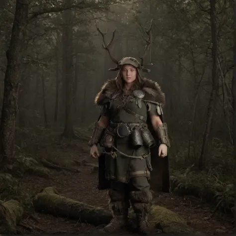 1girl, solo, walking, Druid, fantasy armor, full armor, Antlers, fur cape, fur leather boots, rope belt, trinkets on belt, gauntlets of wood,, Front-facing, Front, moody forest, (UHD, 8K, ultra detailed, looking at the camera, highly detailed, best quality...