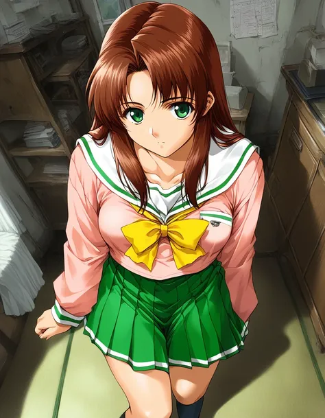 score_9, score_8_up, score_7_up, source_anime, rating_explicit, BREAK  <lora:Fujima_Moeko_XL:1> FujimaMoeko, brown hair, breasts, green eyes, long hair,
1girl, solo, pink school uniform, long sleeves, bow, serafuku, indoors, yellow bow, shirt, green skirt,...