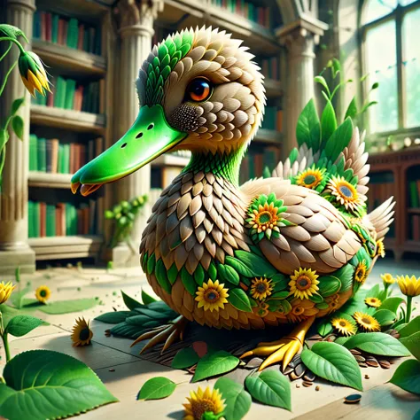 a duck made of sunflowers in an abandoned library, depth of field, detailed background, (masterpiece:1.24), digital photograph, DSLR, ludicrously detailed, melancholy
<lora:sunflowers-000011:1>