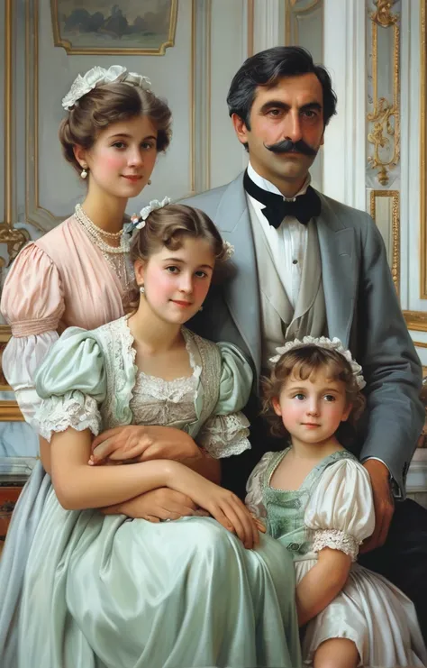 masterpiece,best quality,<lora:tbh362-sdxl:0.6>,illustration,style of  Vittorio Reggianini, portrait of family