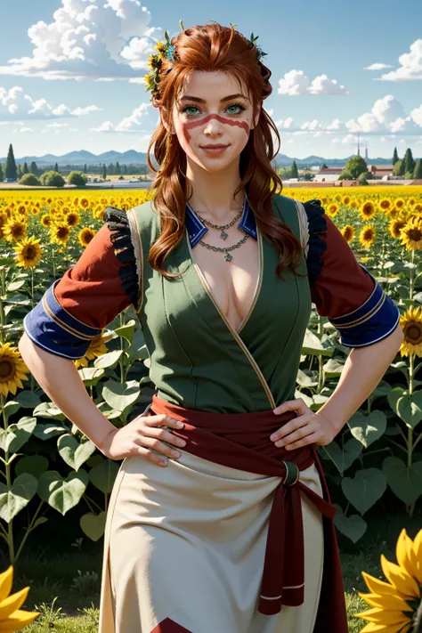 ((ultra detailed, masterpiece, absurdres))
 <lora:ACVCiara:0.8>
ACVCiara, 1girl, red hair, face paint, green eyes, looking at viewer, surrounded by sunflowers in a bright field, smiling, with hands on hips