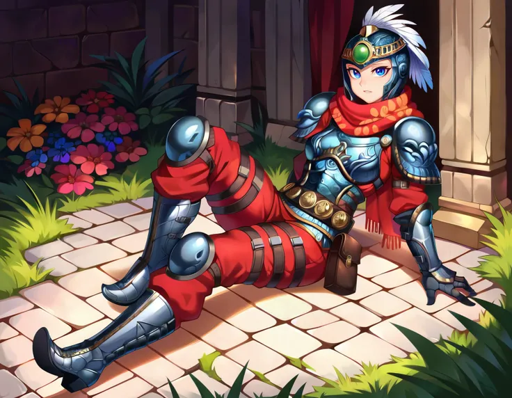 (embedding:PonyPony_PDXL_Negative_EmbeddingszPDXL2),1girl,3mpr3ss,armor,belt,gloves,armored boots,shoulder armor,helmet,gauntlets,pouch,red scarf,pauldrons,knee pads,red pants,chainmail,breastplate,full armor,blue eyes,feathers,greaves,science fiction,tlyi...