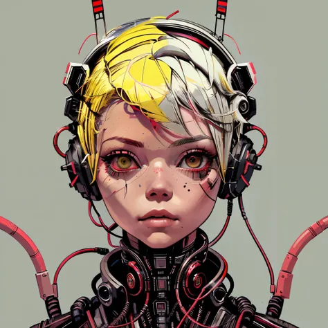 portrait of a woman in a minimalistic ((atompunk style)), woman is depicted in a digital art style. The woman has ((yellow hair)) and is wearing a headpiece with headphones on it. The headpiece is gray and has red ((wires)) coming out of it. There are also...