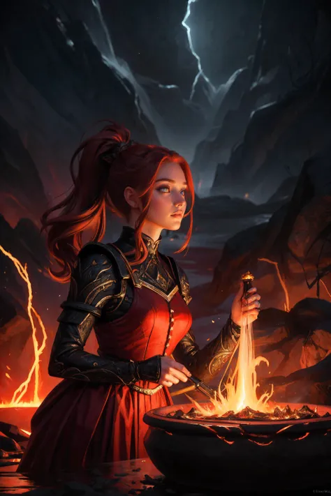 digital art, Chill flyweight Flemish Woman, with flowing lava, red, bloom, Renaissance Person, Dark, Glow In The Dark, Dota style, stylized by Jason Edmiston, (Clint Cearley:1.0), ambient atmosphere, artistic, fine polished, highly intricate, winning, stun...