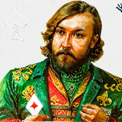 egor letov, facial hair, 1boy, male focus, solo, beard, brown hair, realistic, jacket, 1boy, servant clothes, Russian playing card portrait, white background
 <lora:Egor_Letov:1> <lora:Russian_playing_card:1>