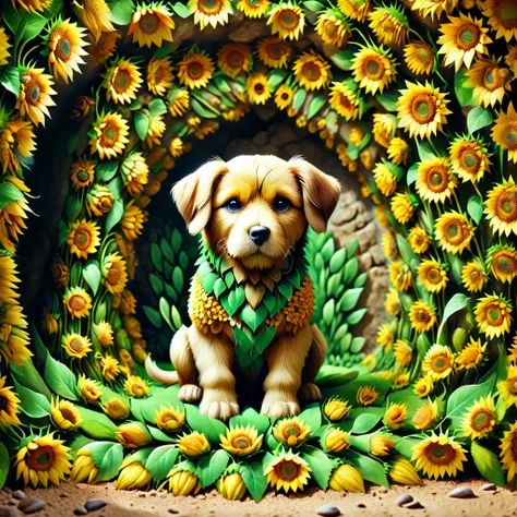 a dog made of sunflowers in a cave, depth of field, detailed background, masterpiece, digital photograph, DSLR, (ludicrously detailed:1.1)
<lora:sunflowers-000011:1>