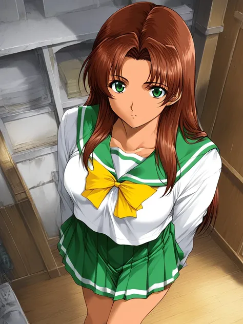score_9, score_8_up, score_7_up, source_anime, rating_explicit, BREAK  <lora:Fujima_Moeko_XL:1> FujimaMoeko, brown hair, breasts, green eyes, long hair,
1girl, solo, pink school uniform, long sleeves, bow, serafuku, indoors, yellow bow, shirt, green skirt,...