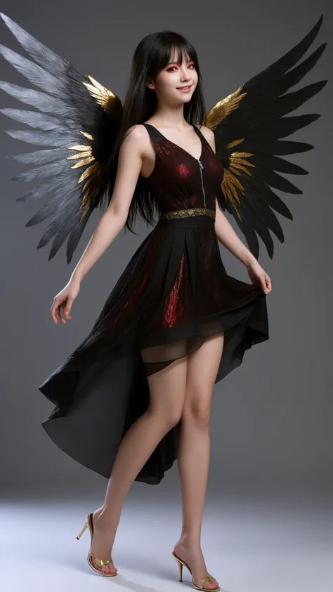 (eve reese, long hair, bangs, black hair, (red eyes:1.3), very long hair, pointy ears,dress, bare shoulders, collarbone, wings, sleeveless, black dress, black ribbon, halterneck, bandages, feathered wings, black wings,),
(Best quality,masterpiece,ultra rea...