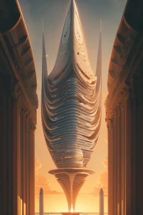 masterpiece,best quality,<lora:tbh314-:0.8>,illustration,designed by Andrea Palladio Futuristic skyscraper with organic shapes, inspired by Zaha Hadid, gleaming under a sunset sky