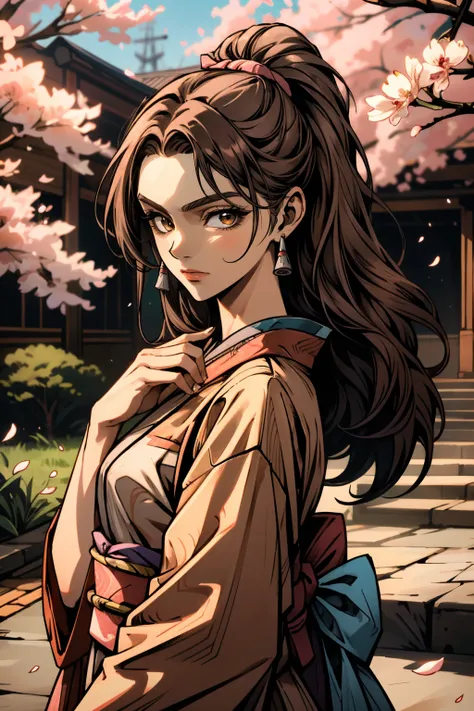 ((ultra detailed, masterpiece, absurdres))
 <lora:BSasha:0.8>
BSasha, 1girl, brown hair, long hair, looking at viewer, in a traditional kimono, surrounded by cherry blossoms