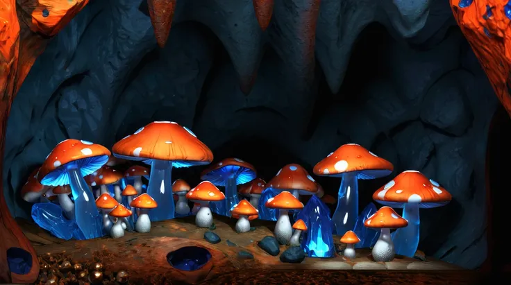 an underground cave filled with blue crystal mushrooms, with bright red orange and white cave walls, 3d render