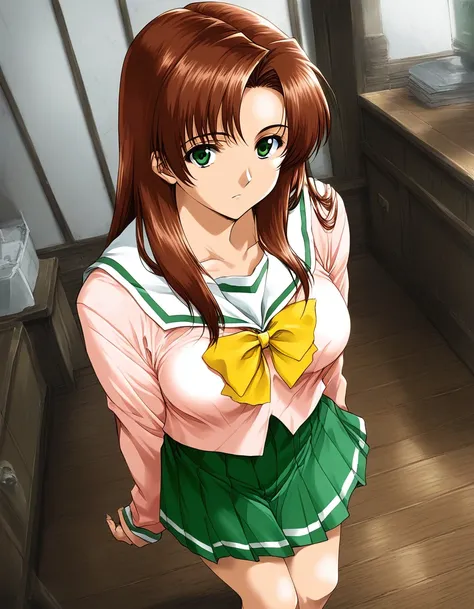 score_9, score_8_up, score_7_up, source_anime, rating_explicit, BREAK  <lora:Fujima_Moeko_XL:1> FujimaMoeko, brown hair, breasts, green eyes, long hair,
1girl, solo, pink school uniform, long sleeves, bow, serafuku, indoors, yellow bow, shirt, green skirt,...