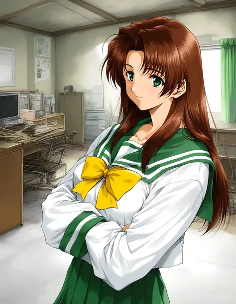 score_9, score_8_up, score_7_up, source_anime, rating_explicit, BREAK  <lora:Fujima_Moeko_XL:1> FujimaMoeko, brown hair, breasts, green eyes, long hair,
1girl, solo, school uniform, long sleeves, bow, serafuku, indoors, yellow bow, shirt,ã
No expression,...