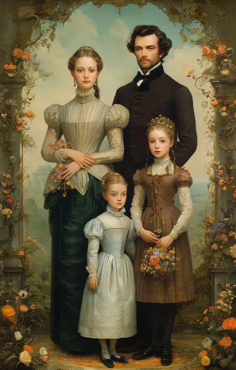 masterpiece,best quality,<lora:tbh357-sdxl:0.6>,illustration,style of Daniel Merriam portrait of family