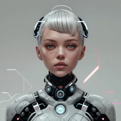 Create a realistic upper body portrait of a woman in a minimalistic atompunk style. She has long messy hair and a streamlined, futuristic look. Her outfit is a simple, form-fitting suit with subtle glowing circuitry patterns, reflecting a tech-inspired aes...