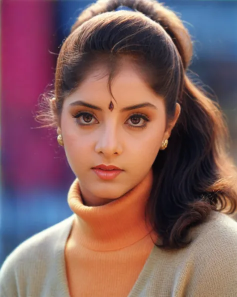 portrait photo of Divya Bharti woman, solo, messy hair cut, serious look, looking at the camera,  __ClothingColors__ turtleneck sweater, , contrasting background bokeh,   <lora:Divya_Bharti_SDXL_LoRA_prodigy_local_xformers_HNE:1>