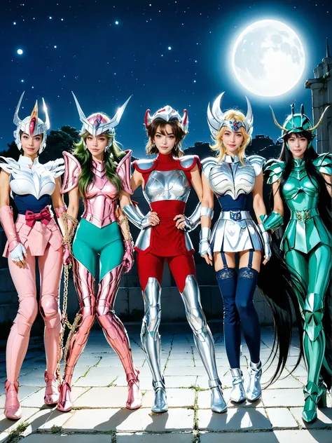 score_9,score_8_up,score_7_up,8k,pretty face,detailed face,detailed eyelashes,get eyebrows,5girls,heavy make-up,multiple_girls,outdoors,night,huge moon,starry_sky,galaxy,Greece,Athens,Acropolis,ancient city,ruins,large breasts,slim waist,wide hips,((intric...