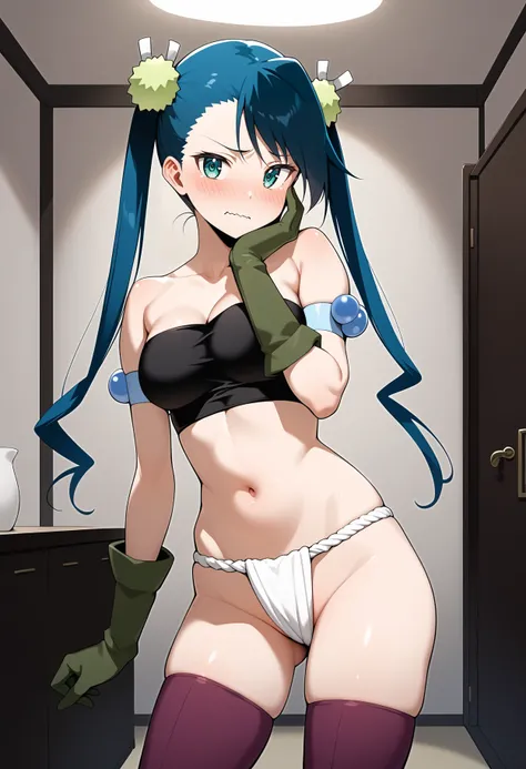 score_9, score_8_up, score_7_up, score_6_up, score_5_up, score_4_up, source_anime, aahibachi, long hair, blue hair, twintails, hair ornament, aqua eyes, breasts, strapless, black tube top, crop top, armband, green gloves, purple thighhighs, <lora:hibachi_p...