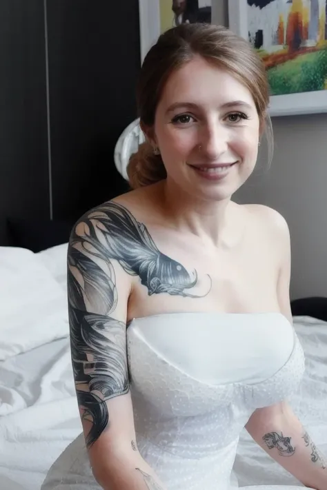 Portrait photo of a5hl3yr0s woman, (light bokeh)++, white dress, in a bedroom, smile, tattoo, detailed face