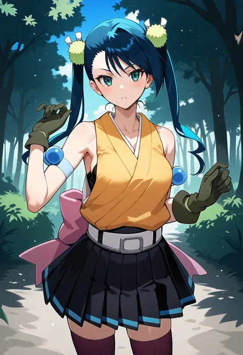 score_9, score_8_up, score_7_up, score_6_up, score_5_up, score_4_up, source_anime, aahibachi, long hair, blue hair, twintails, hair ornament, aqua eyes, breasts, japanese clothes, yellow shirt, sleeveless, armband, green gloves, belt, pink bow, pleated ski...