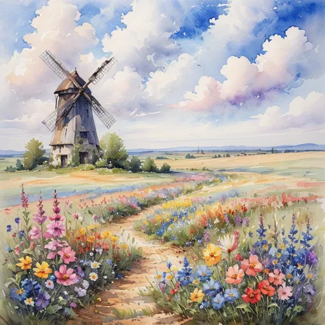 masterpiece, best quality,  <lora:add-detail-xl:1> <lora:ArsMJStyle_-_Watercolor_SD_1.5_Pony:0.8> ArsMJStyle, Watercolor A field of wildflowers in full bloom, with a distant windmill and fluffy clouds in the sky.